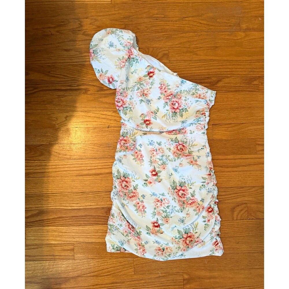 Hello Molly White Pink Green Floral One Shoulder Zip Mini Dress XS